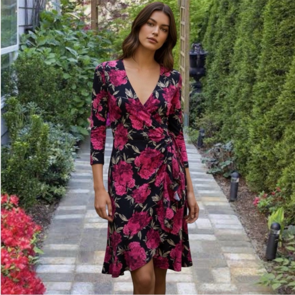 Anne Klein Black and Pink Floral Midi Dress